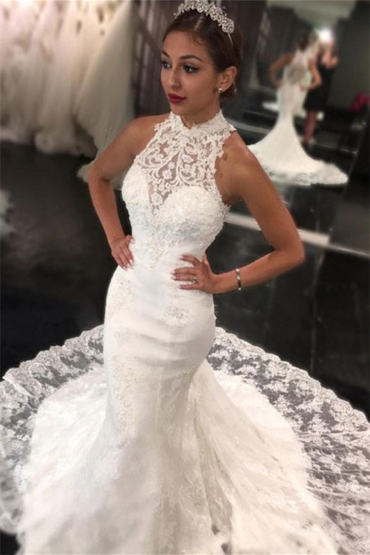 High Neck Sleeveless Long Lace Mermaid Wedding Dress with Appliques