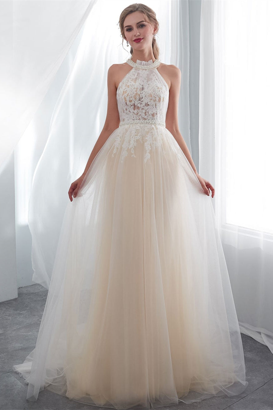 High Neck Tulle Wedding Dress with Appliques