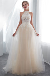 High Neck Tulle Wedding Dress with Appliques