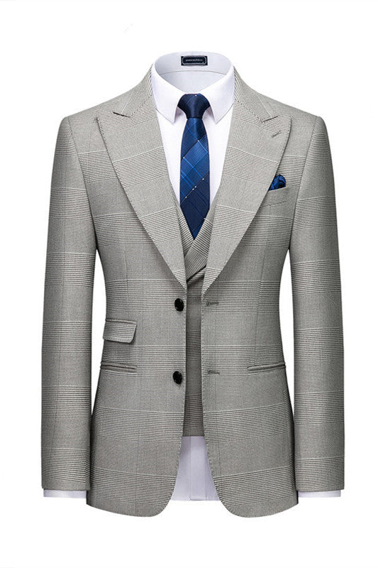 High-Quality Gray Tuxedo Suit with Peaked Lapel and Plaid for Prom