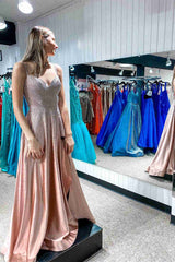High Slit A-Line Blush Pink Prom Dress with Rhinestones