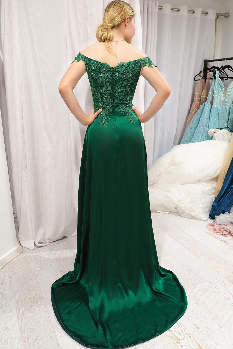 High Slit A-Line Off the Shoulder Emerald Green Long Prom Dress