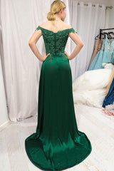 High Slit A-Line Off the Shoulder Emerald Green Long Prom Dress
