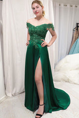 High Slit A-Line Off the Shoulder Emerald Green Long Prom Dress
