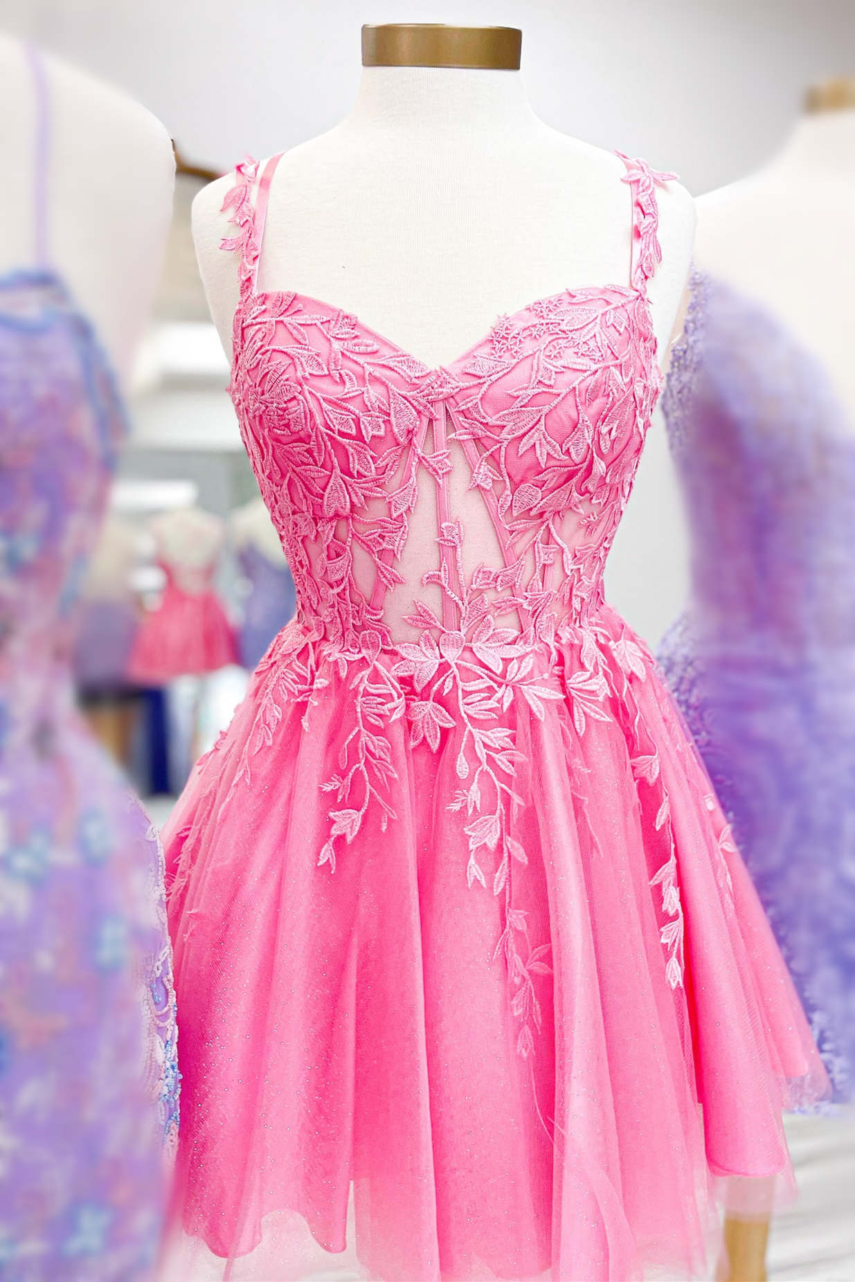Hot Pink Leaf Appliques Straps A-Line Homecoming Dress