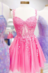 Hot Pink Leaf Appliques Straps A-Line Homecoming Dress