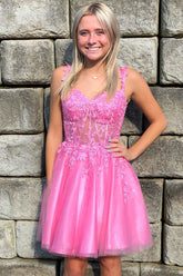 Hot Pink Leaf Appliques Straps A-Line Homecoming Dress