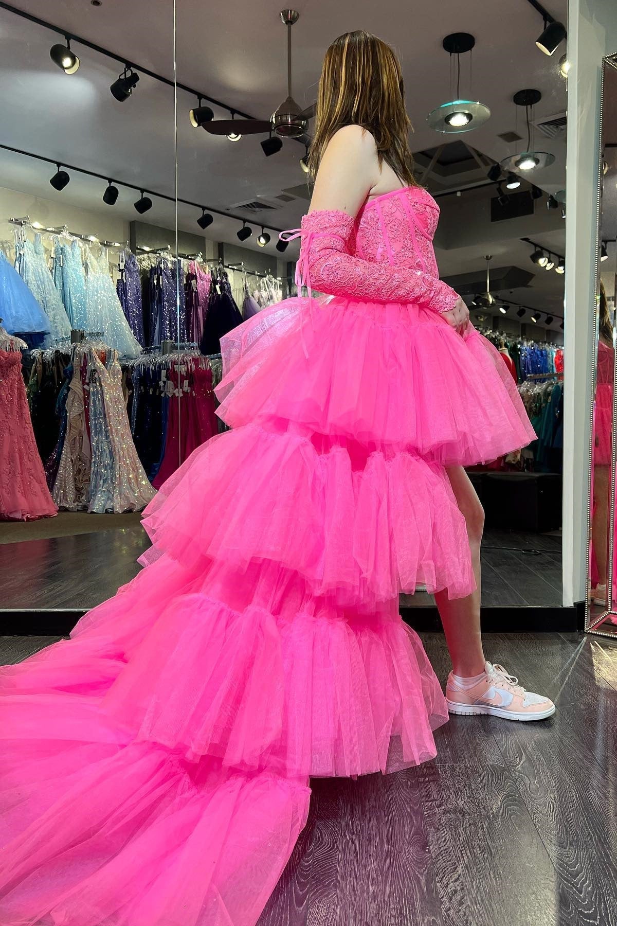 Hot Pink Off-Shoulder A-line Tulle Layers Applique Hi-Low Prom Dress
