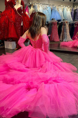 Hot Pink Off-Shoulder A-line Tulle Layers Applique Hi-Low Prom Dress