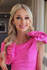 Hot Pink One Shoulder Sheath Homecoming Dress with Bows