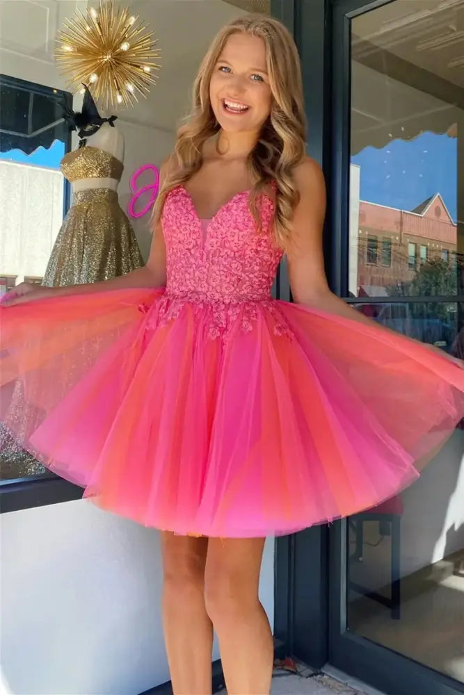 Hot Pink Spaghetti Straps Homecoming Dress Applique A-line