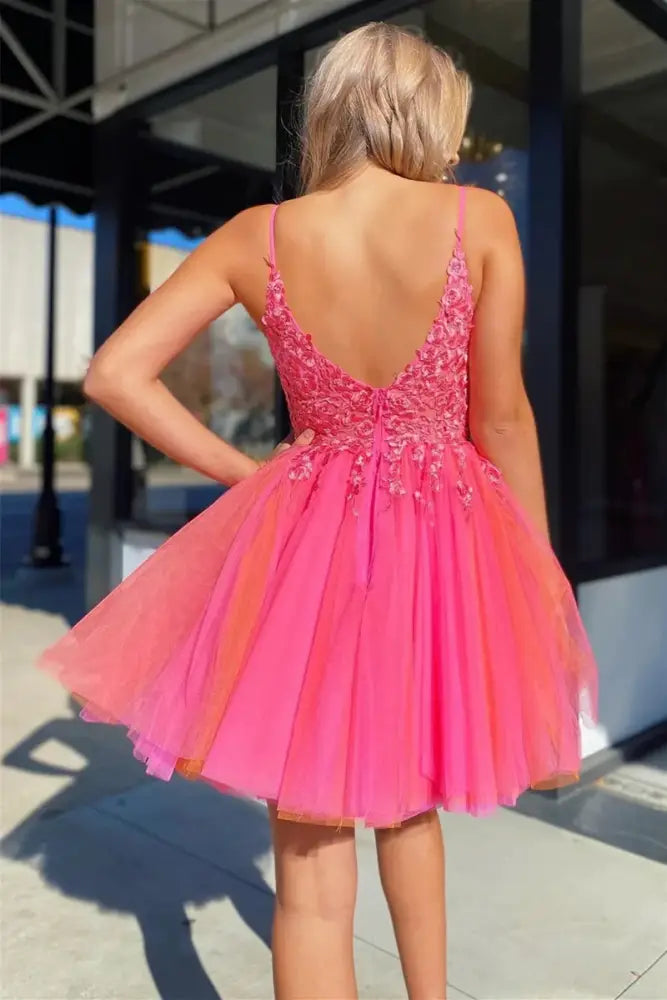 Hot Pink Spaghetti Straps Homecoming Dress Applique A-line