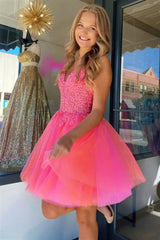 Hot Pink Spaghetti Straps Homecoming Dress Applique A-line