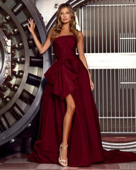 Hot Pink Strapless Pleated Prom Dress with Split and Bowknot