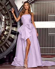 Hot Pink Strapless Pleated Prom Dress with Split and Bowknot