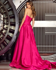 Hot Pink Strapless Pleated Prom Dress with Split and Bowknot