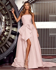 Hot Pink Strapless Pleated Prom Dress with Split and Bowknot