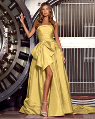 Hot Pink Strapless Pleated Prom Dress with Split and Bowknot