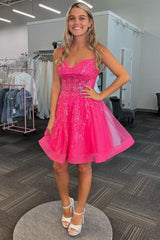 Hot Pink Straps Sequin A-Line Short Homecoming Dress