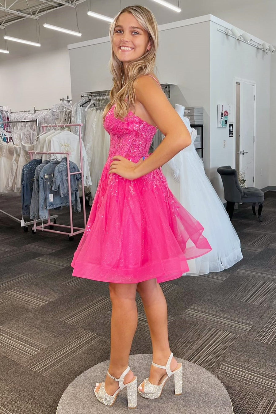 Hot Pink Straps Sequin A-Line Short Homecoming Dress