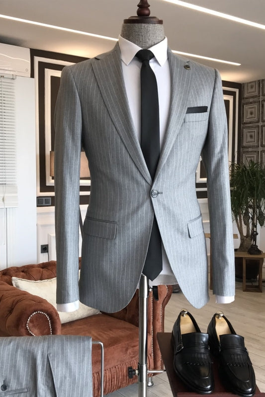 Howar Gray Striped Notched Lapel Two Pieces Newest Business Suits