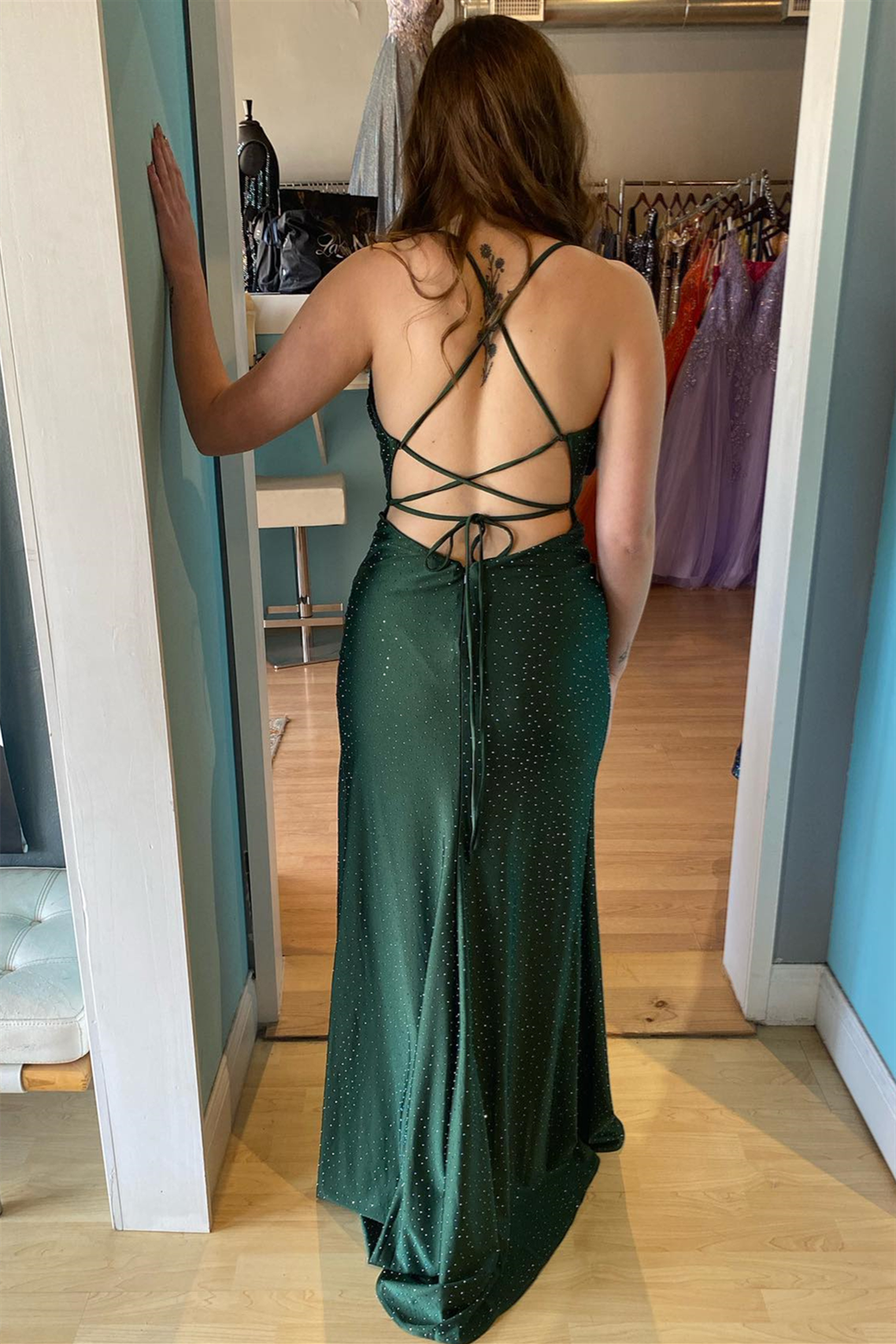 Hunter Green Cowl Neck Lace-Up Long Prom Dress with Rhinestones