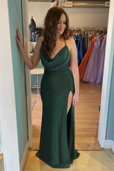 Hunter Green Cowl Neck Lace-Up Long Prom Dress with Rhinestones
