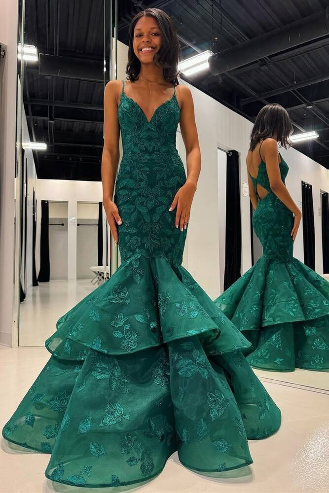 Hunter Green V-Neck Lace Applique Layered Mermaid Dress