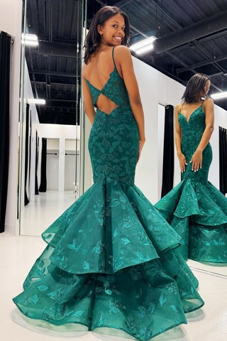 Hunter Green V-Neck Lace Applique Layered Mermaid Dress