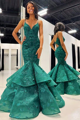 Hunter Green V-Neck Lace Applique Layered Mermaid Dress