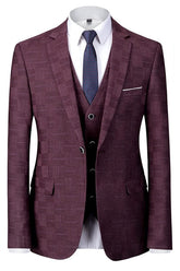Iexus Chic Burgundy Plaid Notched Lapel Three Pieces Business Suits For Men