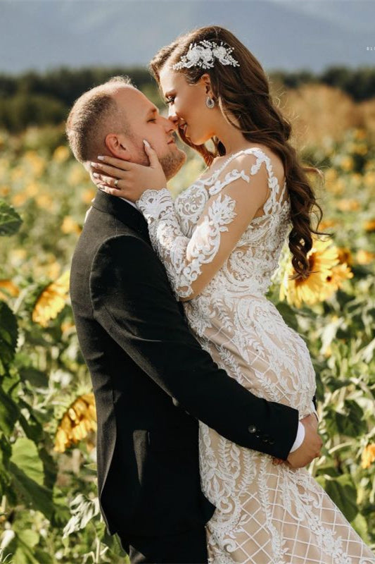 Illusion Long Sleeve Mermaid Lace Wedding Dress Online