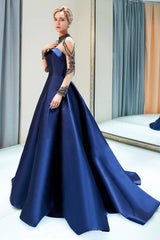 Illusion Sleeves High Neck Navy Blue Ball Gown Prom Dress with Crystals