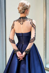 Illusion Sleeves High Neck Navy Blue Ball Gown Prom Dress with Crystals