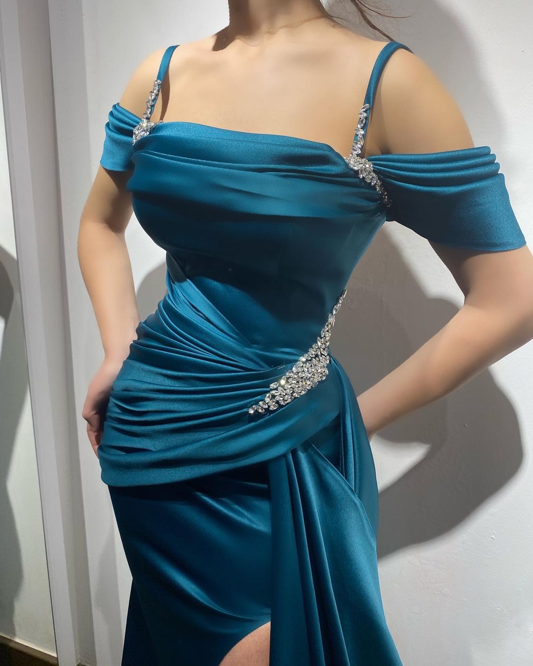 Ink Blue Spaghetti Strap Long Prom Dress with High Split