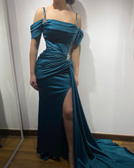 Ink Blue Spaghetti Strap Long Prom Dress with High Split