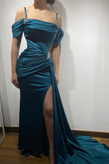 Ink Blue Spaghetti Strap Long Prom Dress with High Split