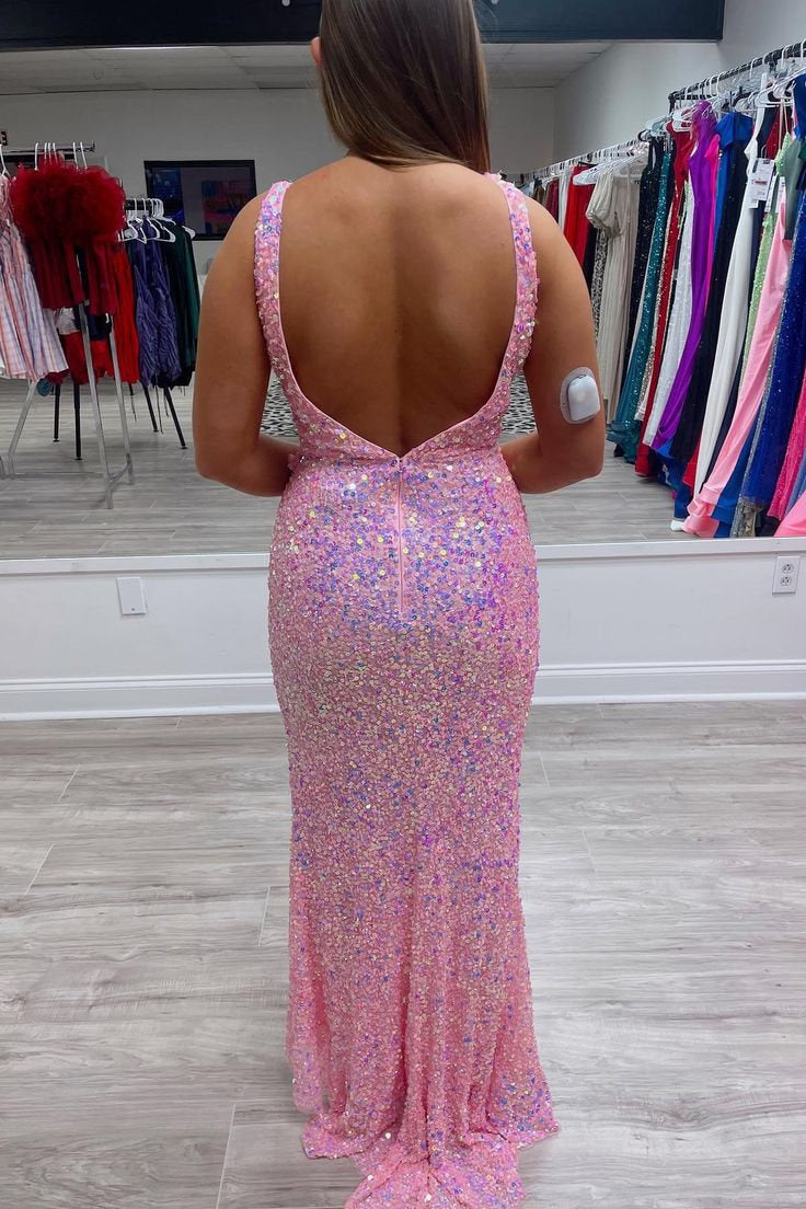 Iridescent Pink Ruffled V-Neck Sequin Long Party Dress