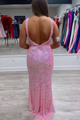 Iridescent Pink Ruffled V-Neck Sequin Long Party Dress