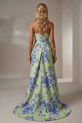 Jacquard Mermaid Strapless Pleated Formal Gown Mother of the Bride Wedding Guest Evening Party Dress