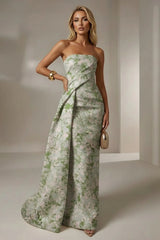 Jacquard Mermaid Strapless Pleated Formal Gown Mother of the Bride Wedding Guest Evening Party Dress