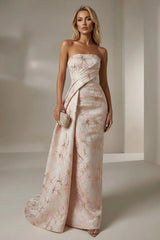 Jacquard Mermaid Strapless Pleated Formal Gown Mother of the Bride Wedding Guest Evening Party Dress