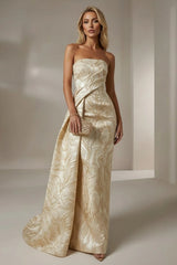 Jacquard Mermaid Strapless Pleated Formal Gown Mother of the Bride Wedding Guest Evening Party Dress