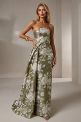 Jacquard Mermaid Strapless Pleated Formal Gown Mother of the Bride Wedding Guest Evening Party Dress
