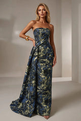 Jacquard Mermaid Strapless Pleated Formal Gown Mother of the Bride Wedding Guest Evening Party Dress