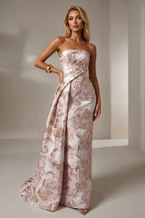 Jacquard Mermaid Strapless Pleated Formal Gown Mother of the Bride Wedding Guest Evening Party Dress