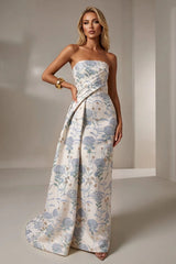 Jacquard Mermaid Strapless Pleated Formal Gown Mother of the Bride Wedding Guest Evening Party Dress