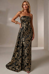 Jacquard Mermaid Strapless Pleated Formal Gown Mother of the Bride Wedding Guest Evening Party Dress