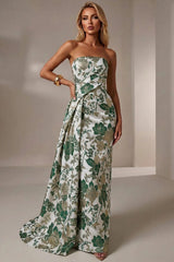 Jacquard Mermaid Strapless Pleated Formal Gown Mother of the Bride Wedding Guest Evening Party Dress