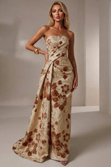 Jacquard Mermaid Strapless Pleated Formal Gown Mother of the Bride Wedding Guest Evening Party Dress